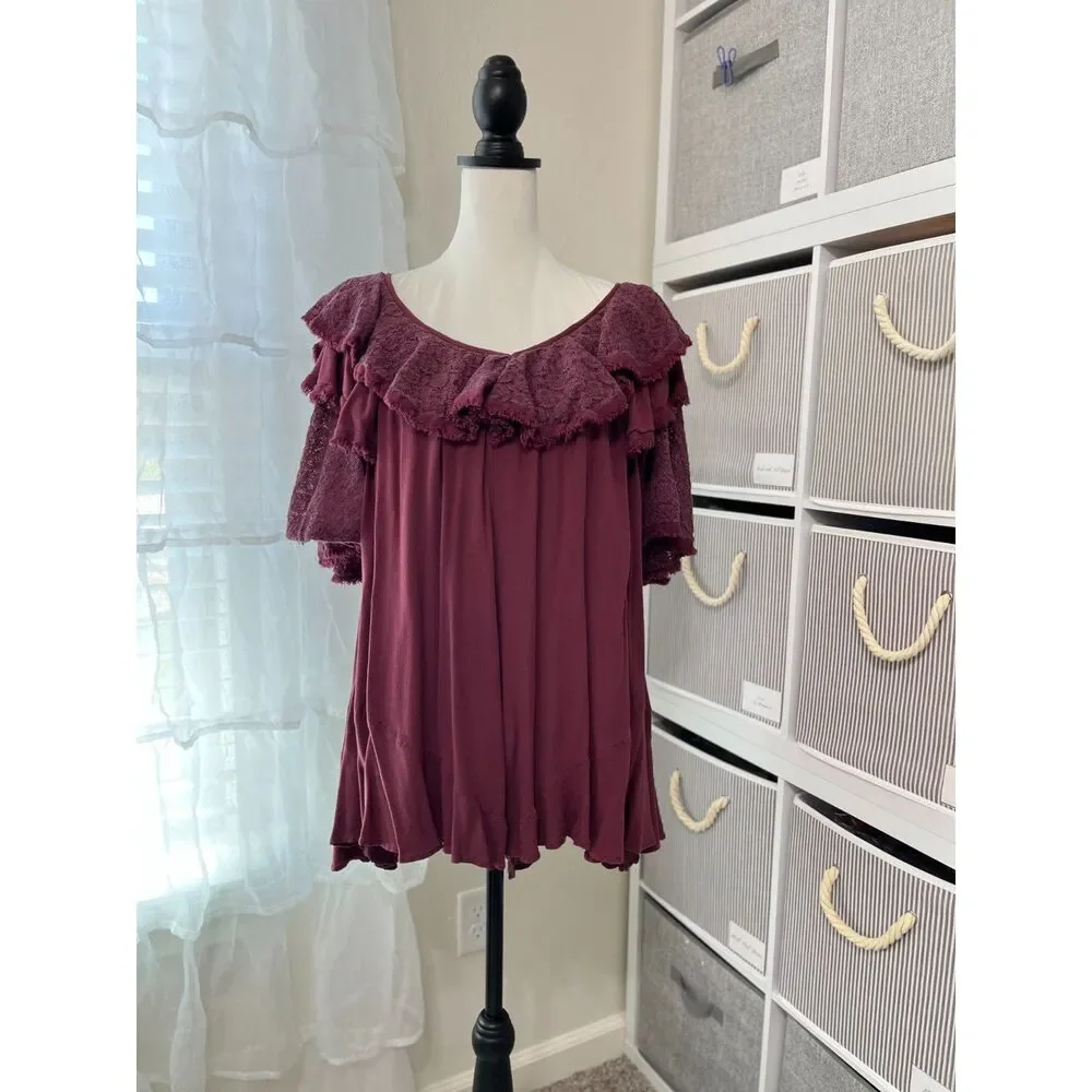 Free People Rush For Ruffles Romper Burgundy Boho Ruffle Lace Size M